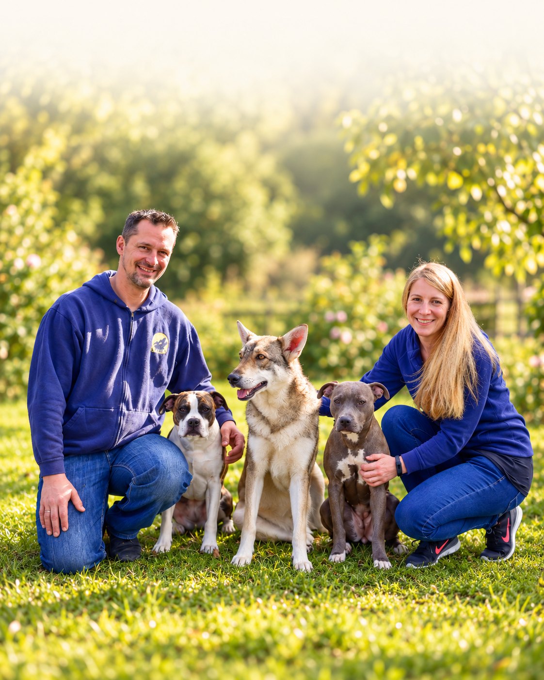 Christian und Eva von kauliebe mit ihren drei Hunden im Garten.
