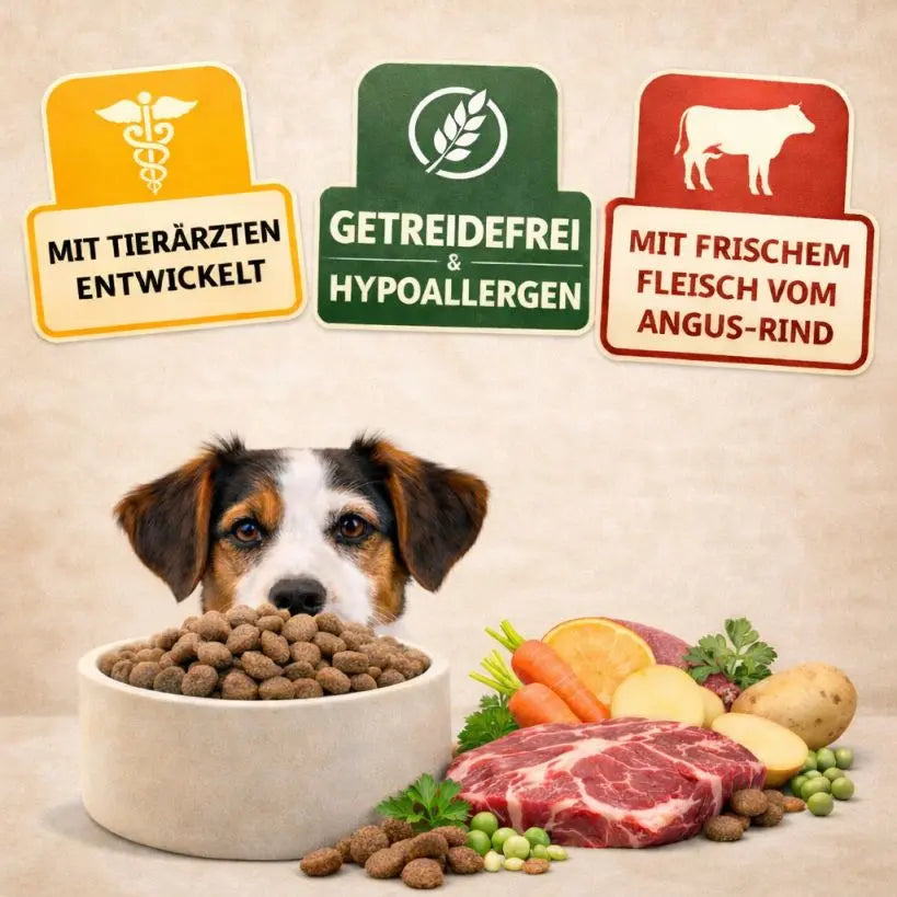 NANDOO Angus Rind Trockenfutter mit frischem Gartengemüse, hochwertiges Hundetrockenfutter in einer Schüssel.