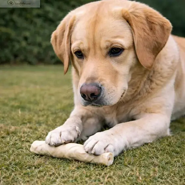 Gedrehte Büffelhaut-Rolle von NANDOO, 250g, knuspriger Hundesnack aus Büffelhaut, sichtbar auf dem Bild.