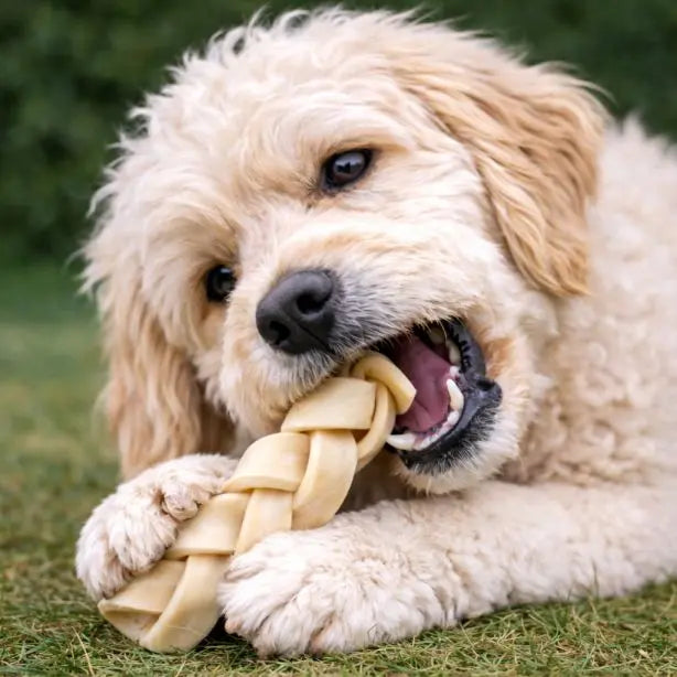 Büffelhaut-Zopf für Hunde, 250g, von NANDOO, frisch und knusprig, zeigt den Hundezopf aus Büffelhaut.