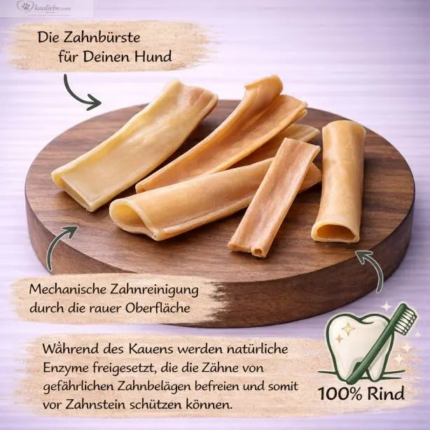 NANDOO Denta Chips 250g, knusprige Hundekekse mit Zahnpflege, in einer geöffneten Verpackung auf einem Holztisch.