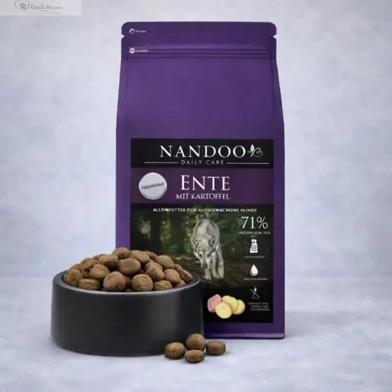 Gebratene Ente mit Kartoffeln auf einem Teller, serviert mit frischen Kräutern, von NANDOO.