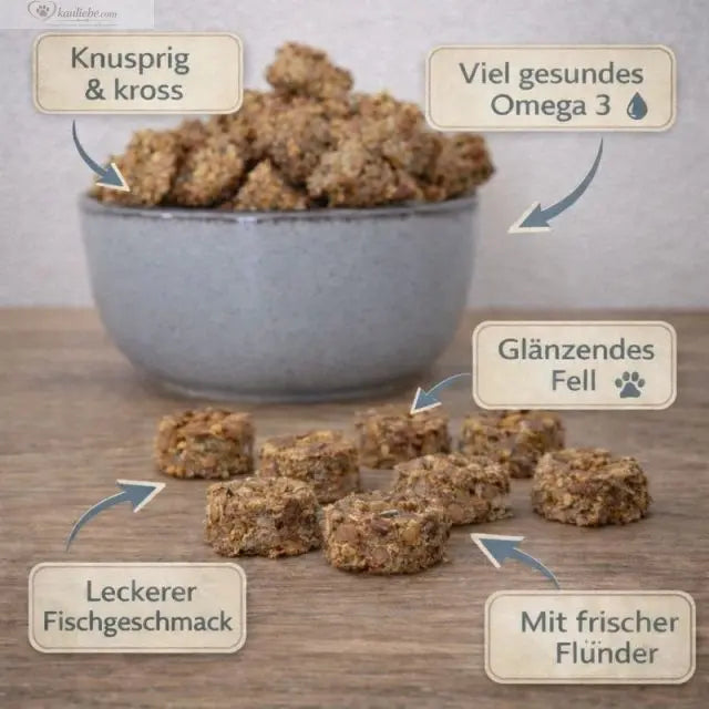 NANDOO Fischtaler Dorsch mit Flunder, 250g, auf einem Teller mit Fischfilets und Zitronenscheiben, frisches Meeresfischgericht