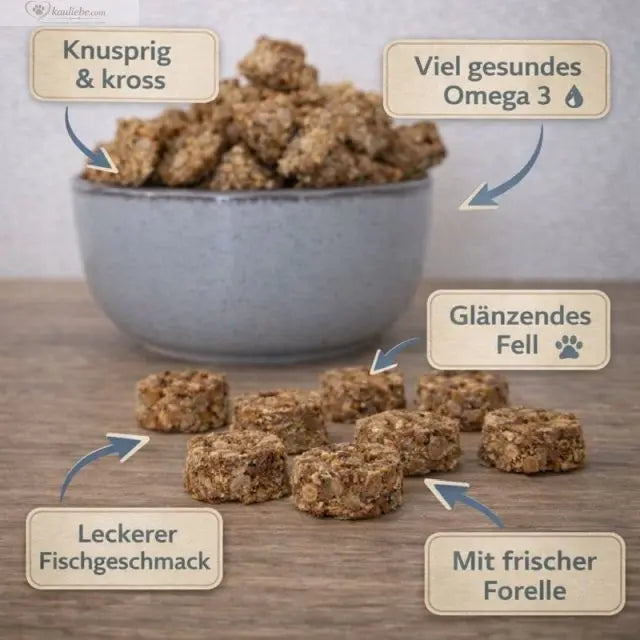 Fischtaler Dorsch mit Forelle von NANDOO, 250g, mit frischen Fischfilets und detaillierter Präsentation auf dem Bild