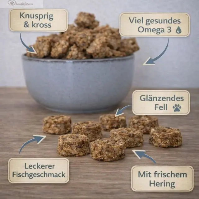 NANDOO Fischtaler Dorsch mit Hering, 250g, detailreiche Nahaufnahme der Fischfilets in der Dose