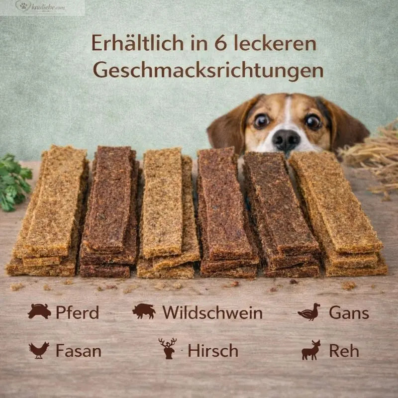 Pferdefleischstreifen von NANDOO, 200g, mit verschiedenen Geschmacksrichtungen, frisch und lecker für Hunde.