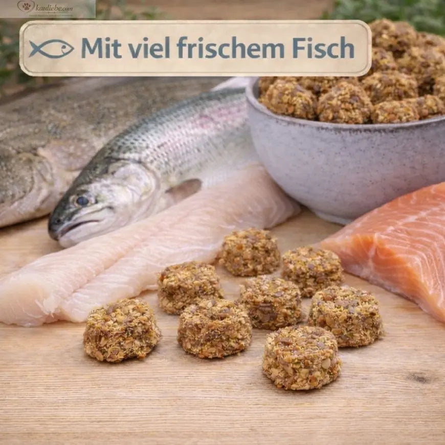 Frischer Dorsch- und Flundertaler von NANDOO, 250g, auf einem Teller mit Zitrone und Garnieren, perfekt für Fischgerichte.