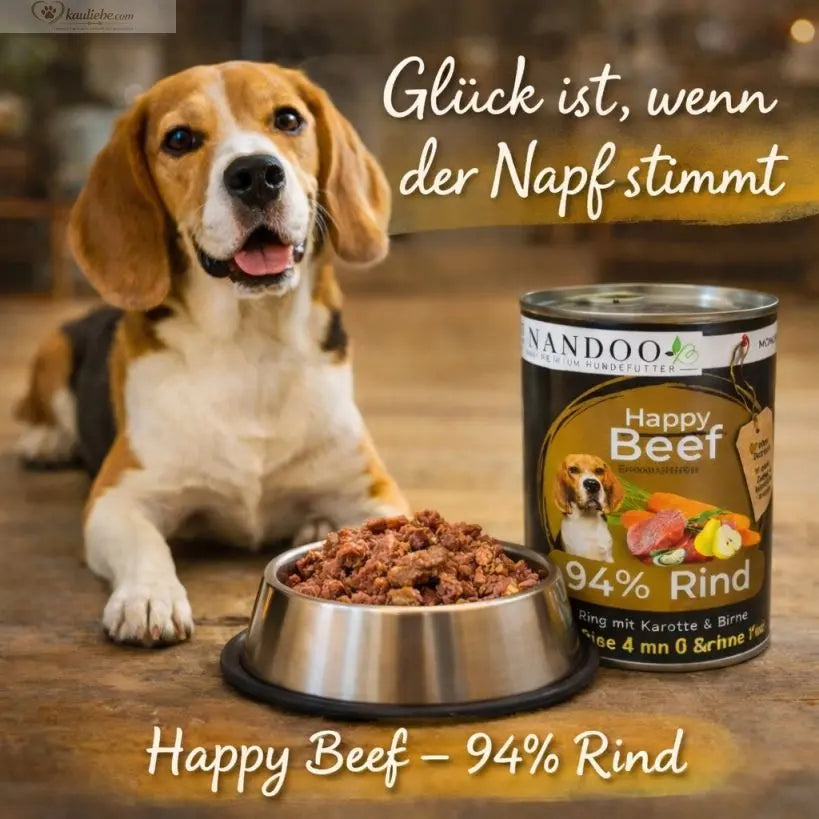 NANDOO Happy Beef Rind mit Karotte, Birne und Grünlippmuschel in 400g Schale, Hundefutter mit natürlichen Zutaten