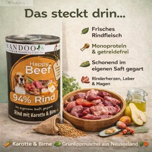 Nandoo Happy Beef Nassfutter mit Rind, Karotte, Birne und Grünlippmuschel in 400g Schale, nährstoffreich für Hunde.