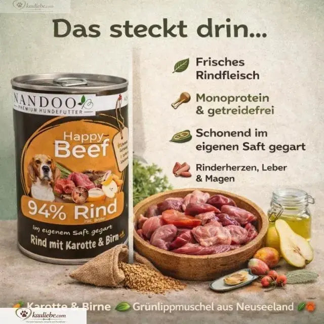 NANDOO Happy Beef Nassfutter für Hunde mit Rind, Karotte, Birne und Grünlippmuschel, 6x400g Schalen