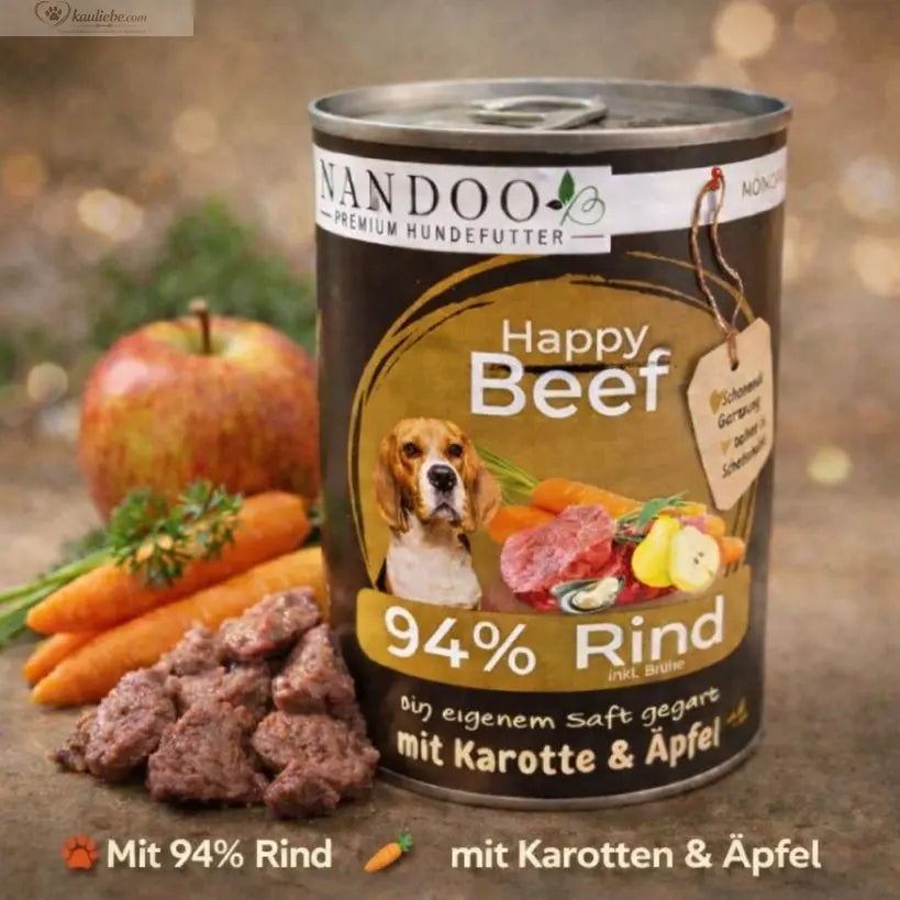 Nandoo Happy Beef Nassfutter mit Rind, Karotte, Birne und Grünlippmuschel in 800g Packung, frisches Fleisch und Gemüse