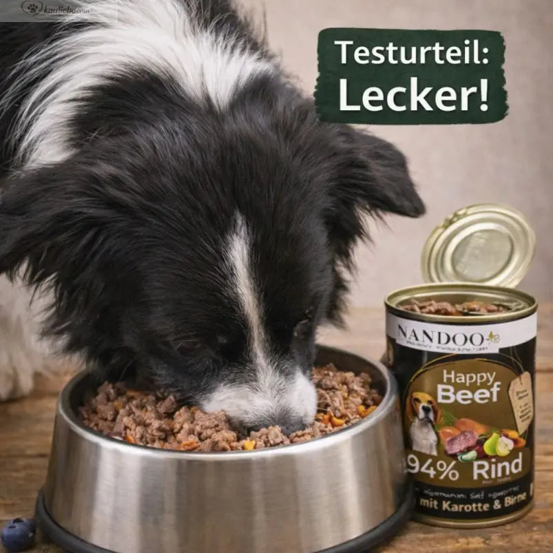 Hundefutter von NANDOO: Nassfutter mit Rind, Karotte, Birne und Grünlippmuschel in 400g Schale