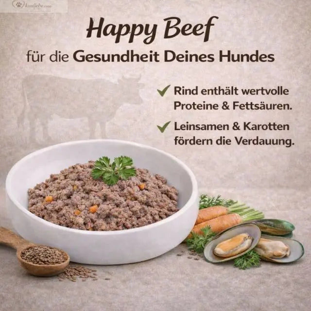 Nassfutter für Hunde von NANDOO mit Rind, Karotte, Birne und Grünlippmuschel, 400g, in einer geöffneten Packung.