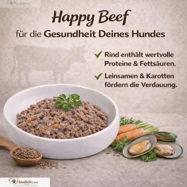 NANDOO Happy Beef Nassfutter mit Rind, Karotte, Birne und Grünlippmuschel in 6x400g Dosen, frisches Hundefutter