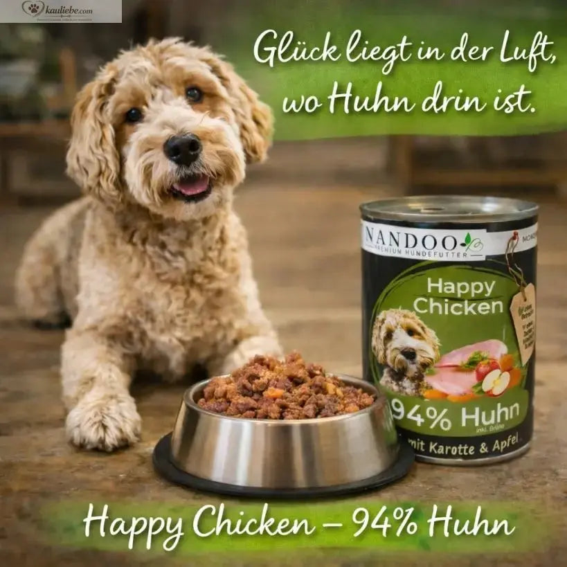 Hühnchen mit Karotte und Apfel von NANDOO, 400g, frisches Huhn in einer Schüssel, ideal für Hunde, natürliche Tiernahrung