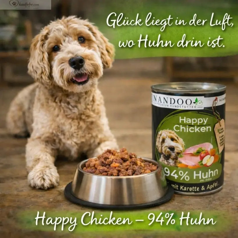 Huhn mit Karotte und Apfel von NANDOO, Happy Chicken, in 800g Verpackung, zeigt frisches Hühnerfleisch mit Gemüse und Obst.