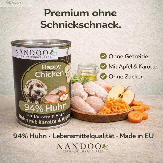 Huhn mit Karotte und Apfel von NANDOO, 6x800g, hochwertiges Haustierfutter, sichtbare Zutaten in der Verpackung