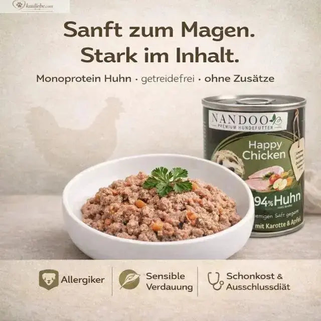 NANDOO Happy Chicken Nassfutter für Hunde, Huhn mit Karotte und Apfel, 6x400g Schalen, frisches Tiernahrungsprodukt