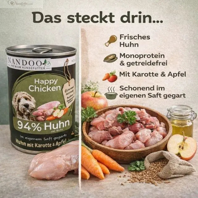 NANDOO Happy Chicken Nassfutter für Hunde, enthält Huhn mit Karotte und Apfel in 400g Schale, hochwertiges Hundefutter