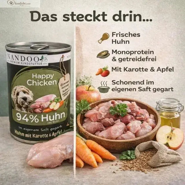 NANDOO Happy Chicken Nassfutter für Hunde, Huhn mit Karotte und Apfel, 6x400g, Frisches Hundefutter in Dosen