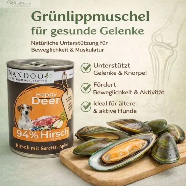 Hirsch mit Karotte, Apfel und Grünlippmuschel von NANDOO, 400g, natürliche Hundesnack mit frischen Zutaten.