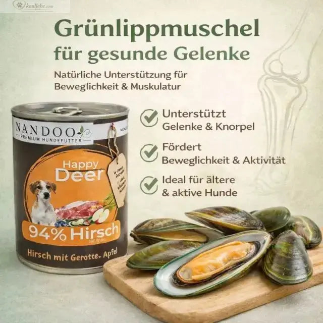 Hirsch mit Karotte, Apfel und Grünlippmuschel, Nassfutter für Hunde, von NANDOO, 6x400g, natürliche Tiernahrung