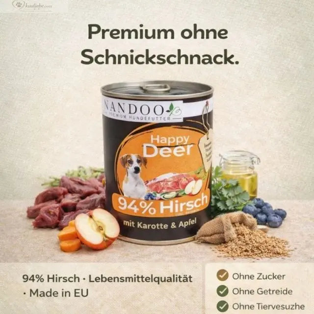 Hirsch-Nassfutter für Hunde mit Karotte, Apfel und Grünlippmuschel, 400g Dose, Happy Deer von NANDOO