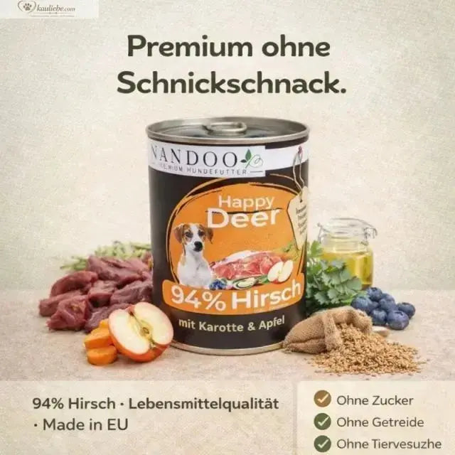 Nassfutter für Hunde von NANDOO, Happy Deer mit Hirsch, Karotte, Apfel und Grünlippmuschel, 6x800g Packung