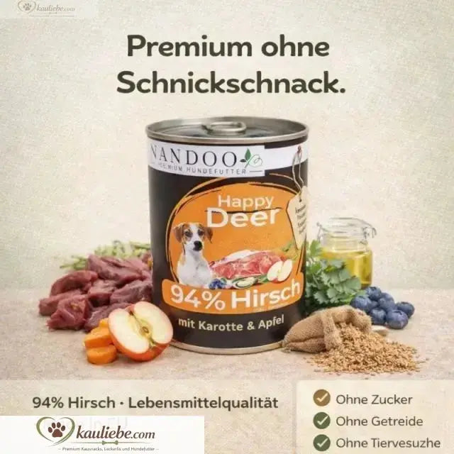NASSFUTTER Happy Deer von NANDOO mit Hirsch, Karotte, Apfel und Grünlippmuschel, 6x400g, in Dosenform.