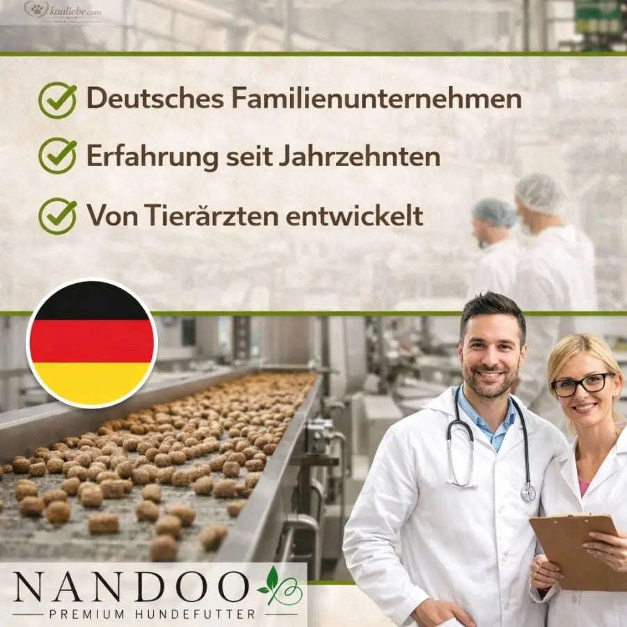 NANDOO Trockenfutter mit Schwein und Gemüse, nährstoffreiche Tiernahrung in einer Schale mit frischem Gemüse.