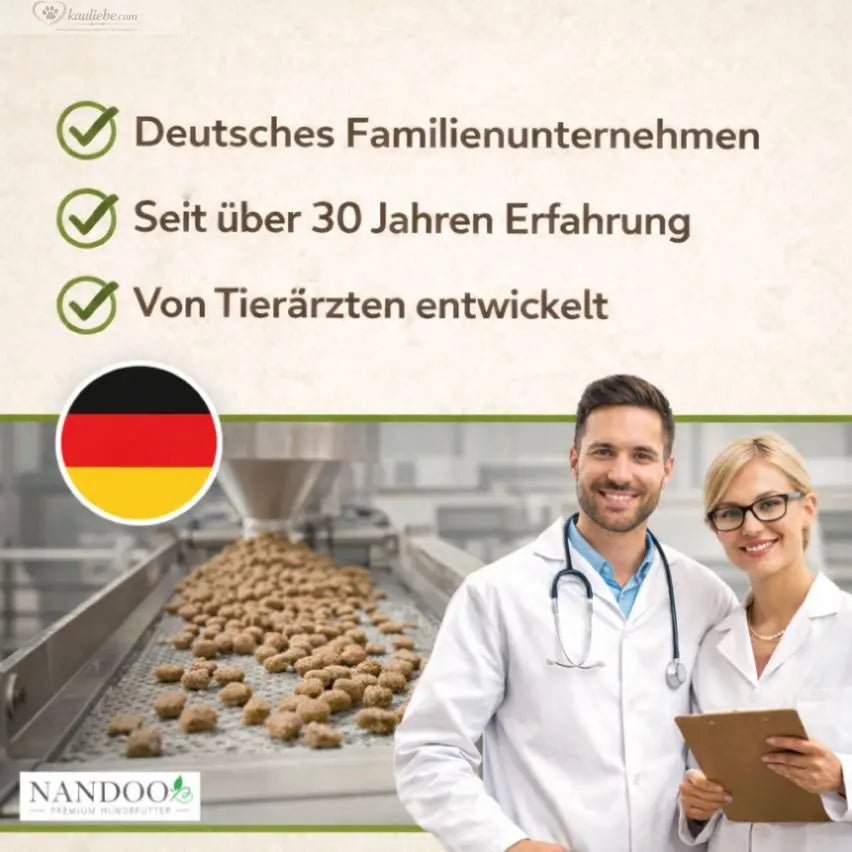 Hundefutter für kleine Rassen mit Geflügel, Gartenkräutern und Gemüse, bestehend aus 60% Pute und Ente, von NANDOO