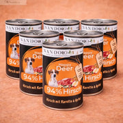 Sechs Dosen Nassfutter für Hunde mit Hirsch, Karotte, Apfel und Grünlippmuschel von NANDOO, naturbelassen und nahrhaft.