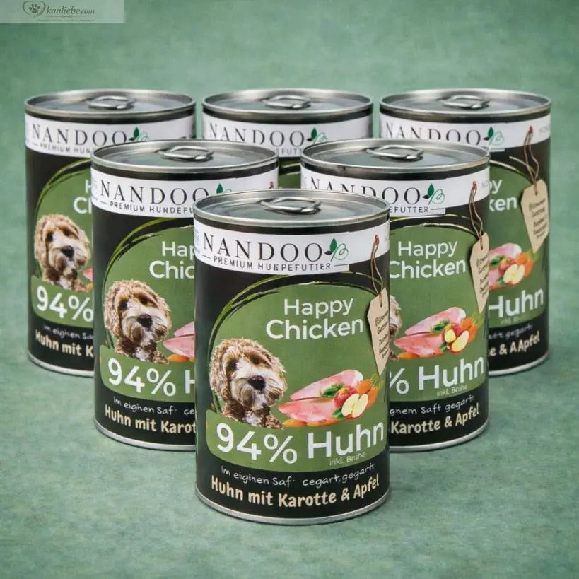 NANDOO Happy Chicken Nassfutter für Hunde, 6 Dosen à 800g mit Huhn, Karotte und Apfel, natürliche Tiernahrung