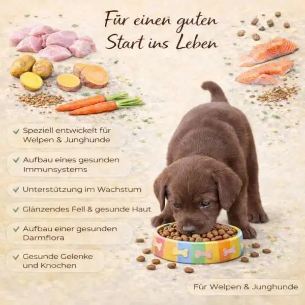 NANDOO Welpenfutter mit Huhn, Truthahn, Lachs (60%) und Gemüse in Dosen, Nahaufnahme des Futters in einer Schüssel