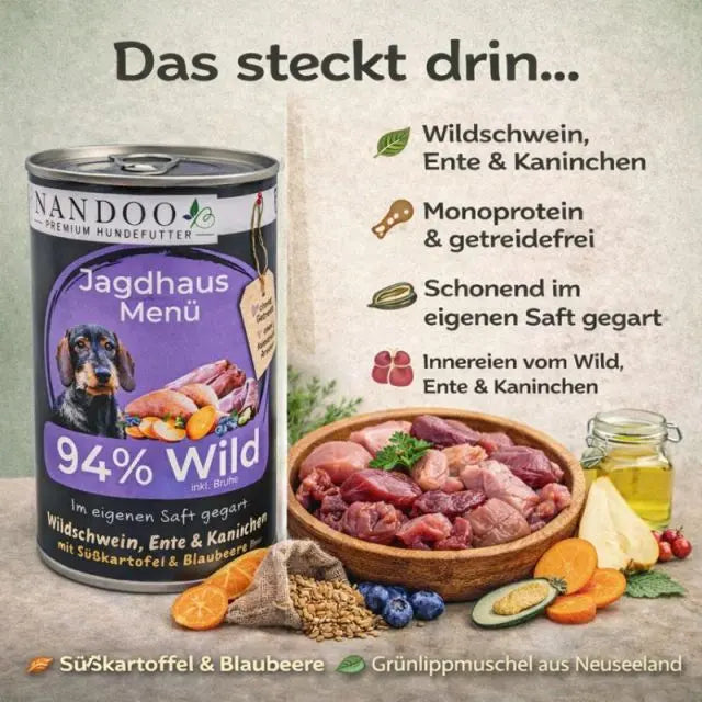 Jagdhaus Menü – Wildschwein, Ente, Kaninchen mit Süßkartoffel, Blaubeere, Hagebutte & Grünlippmuschel (6x800g) NANDOO