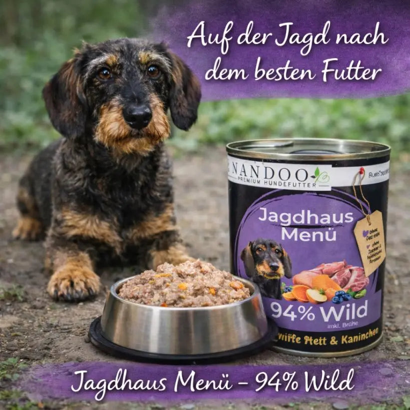 Jagdhaus Menü – Wildschwein, Ente, Kaninchen mit Süßkartoffel, Blaubeere, Hagebutte & Grünlippmuschel (6x400g) NANDOO