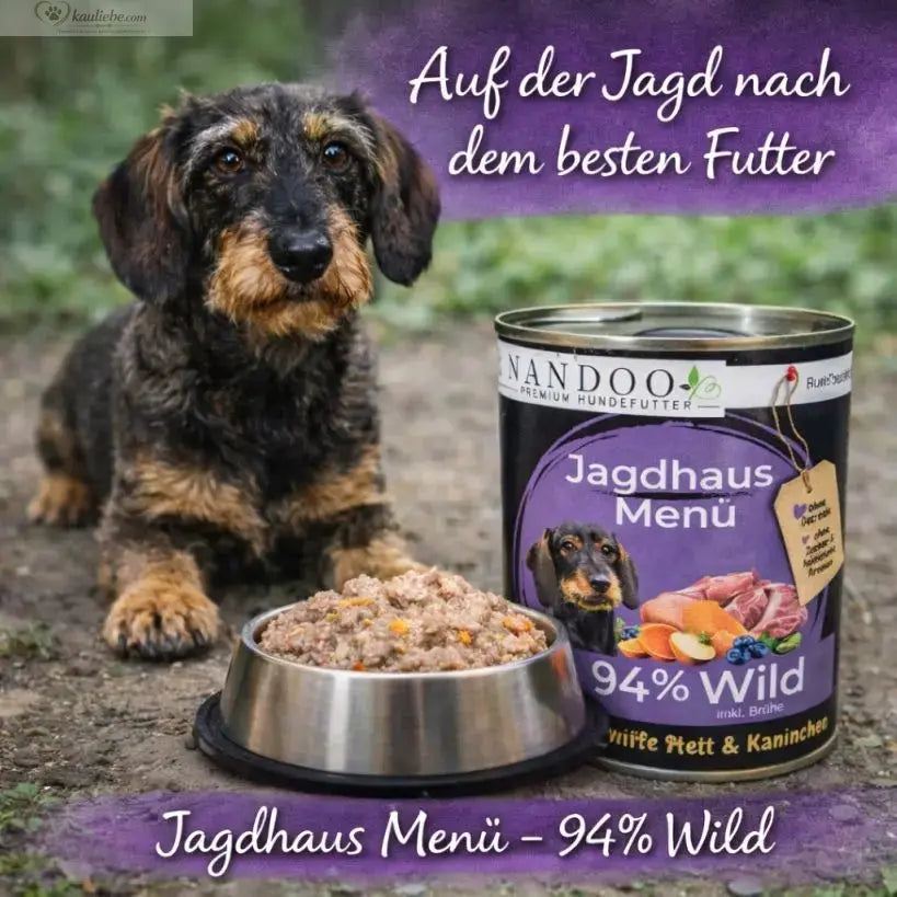 NANDOO Jagdhaus Nassfutter mit Wildschwein, Ente, Kaninchen, Süßkartoffel, Blaubeere, Hagebutte und Grünlippmuschel, 6x800g