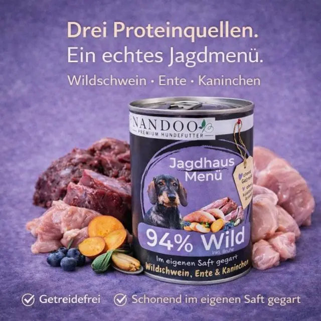 Jagdhaus Menü – Wildschwein, Ente, Kaninchen mit Süßkartoffel, Blaubeere, Hagebutte & Grünlippmuschel (6x800g) NANDOO
