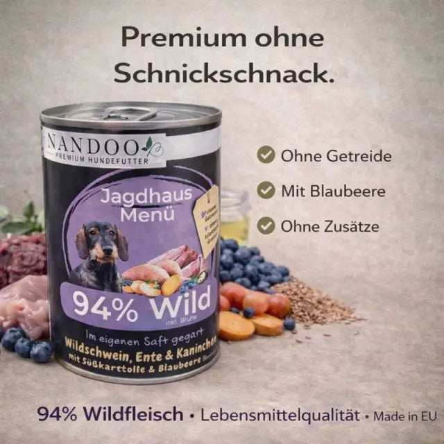 Jagdhaus Menü – Wildschwein, Ente, Kaninchen mit Süßkartoffel, Blaubeere, Hagebutte & Grünlippmuschel (6x400g) NANDOO