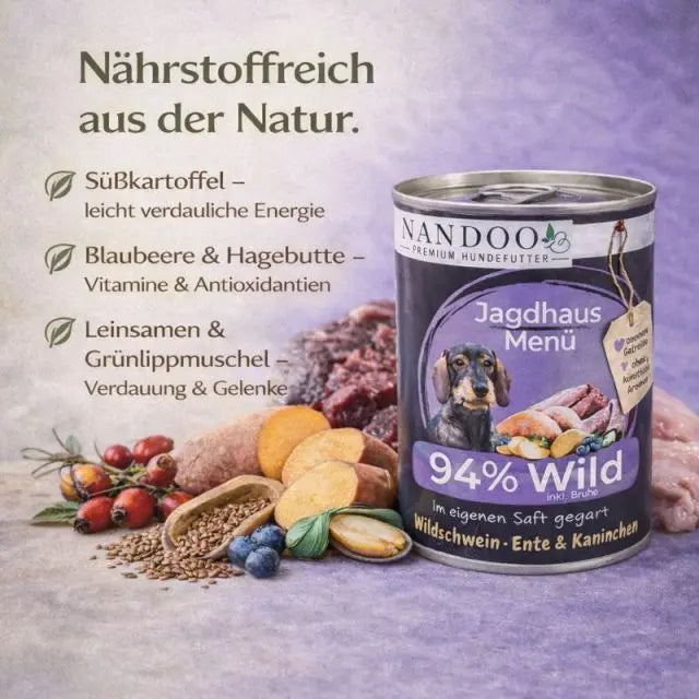 Jagdhaus Menü – Wildschwein, Ente, Kaninchen mit Süßkartoffel, Blaubeere, Hagebutte & Grünlippmuschel (6x800g) NANDOO
