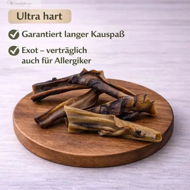 Kamelkopfhaut von NANDOO, 250g, mit detaillierten Nahaufnahmen der getrockneten Kamelhaut.