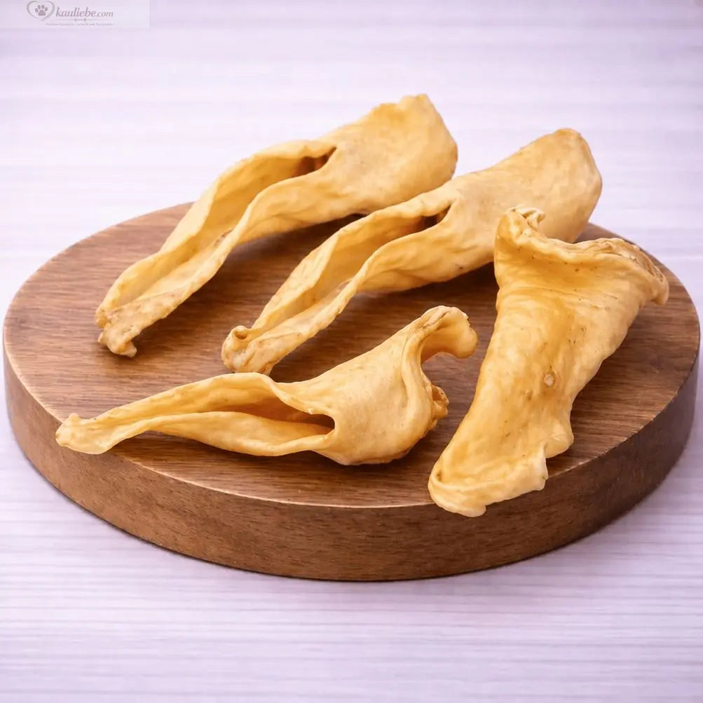 Lammohren von NANDOO, 250g, süße, gebackene Tier-Ohren als Snack auf einem weißen Teller.