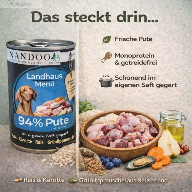 Landhaus Menü mit Pute, Reis, Karotten und Grünlippmuschel von NANDOO, 6x800g, frisches Hundefutter in Schüssel