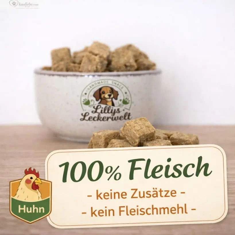 Lillys Leckerwelt Lieblings-Lecker Huhn, 200g, saftiges Hühnchenfleisch in 1,5cm Stücke, frisch und appetitlich auf Bild.