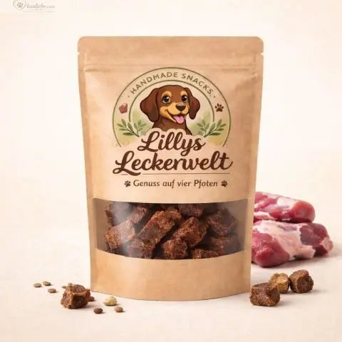 Lillys Leckerwelt Lieblings-Lecker Ente 200g, Nahaufnahme der Enten-Leckerlis in Verpackung, ideal für Hunde.