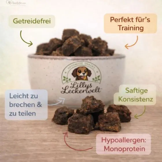 Liebes-Lecker Rindfleisch-Snack von Lillys Leckerwelt, 200g, in 1,5cm dicken Scheiben auf dem Bild zu sehen