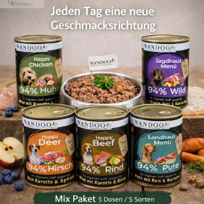 MIX-Paket aus 5 x 400 g Nassfutter von NANDOO, verschiedene sorten in Dosen für Hunde oder Katzen, bunte Futterdosen.