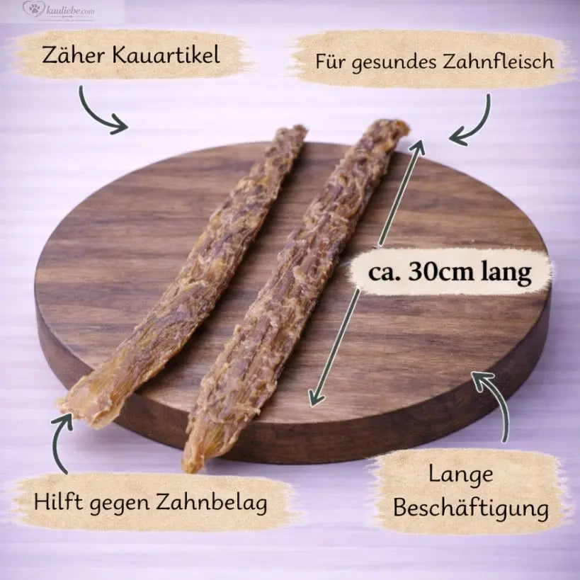 Lange Rindernackensehne von NANDOO, 30 cm, 500 g, detaillierte Ansicht der langlebigen Rinderknochensehne