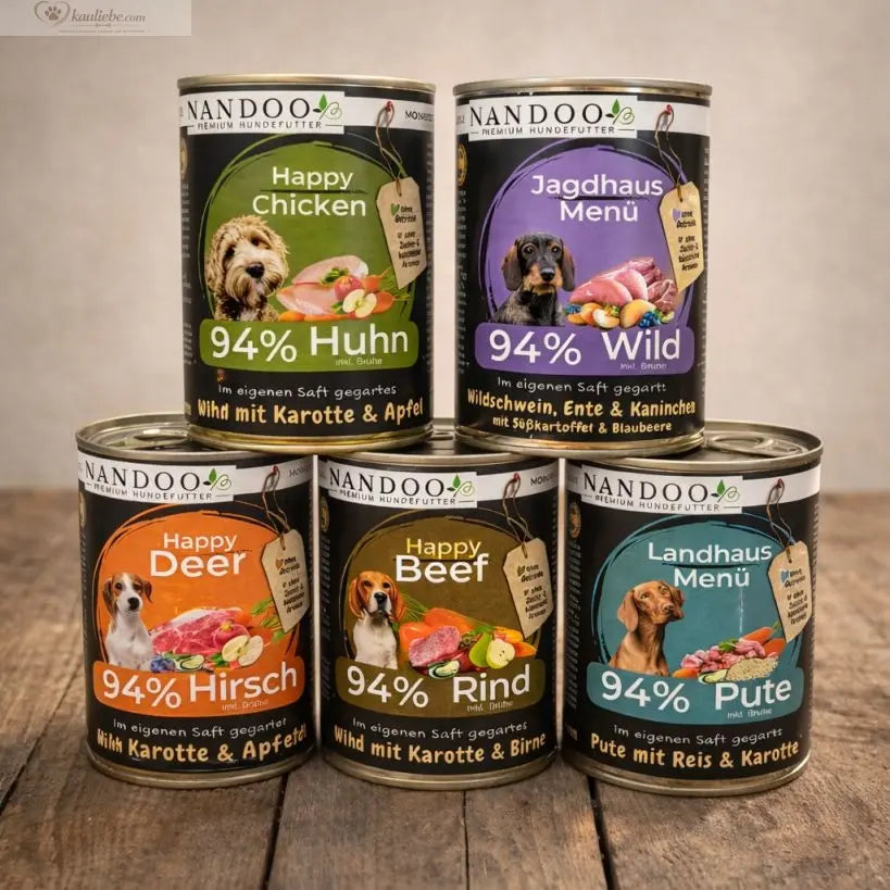NANDOO Nassfutter-Mixpaket mit 5 x 400 g, verschiedene Sorten, in Dosen für die Ernährung von Katzen oder Hunden