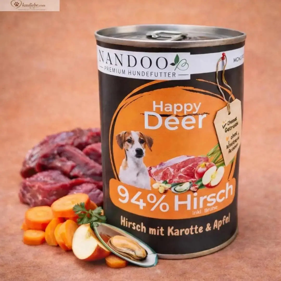 Nassfutter für Hunde, Happy Deer Hirsch mit Karotte, Apfel und Grünlippmuschel, 800g Dose, von NANDOO